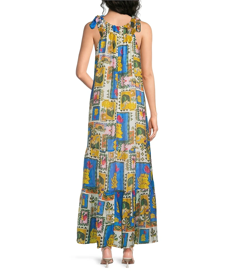 Melloday Printed Gathered Neck Tie Shoulder Maxi Dress