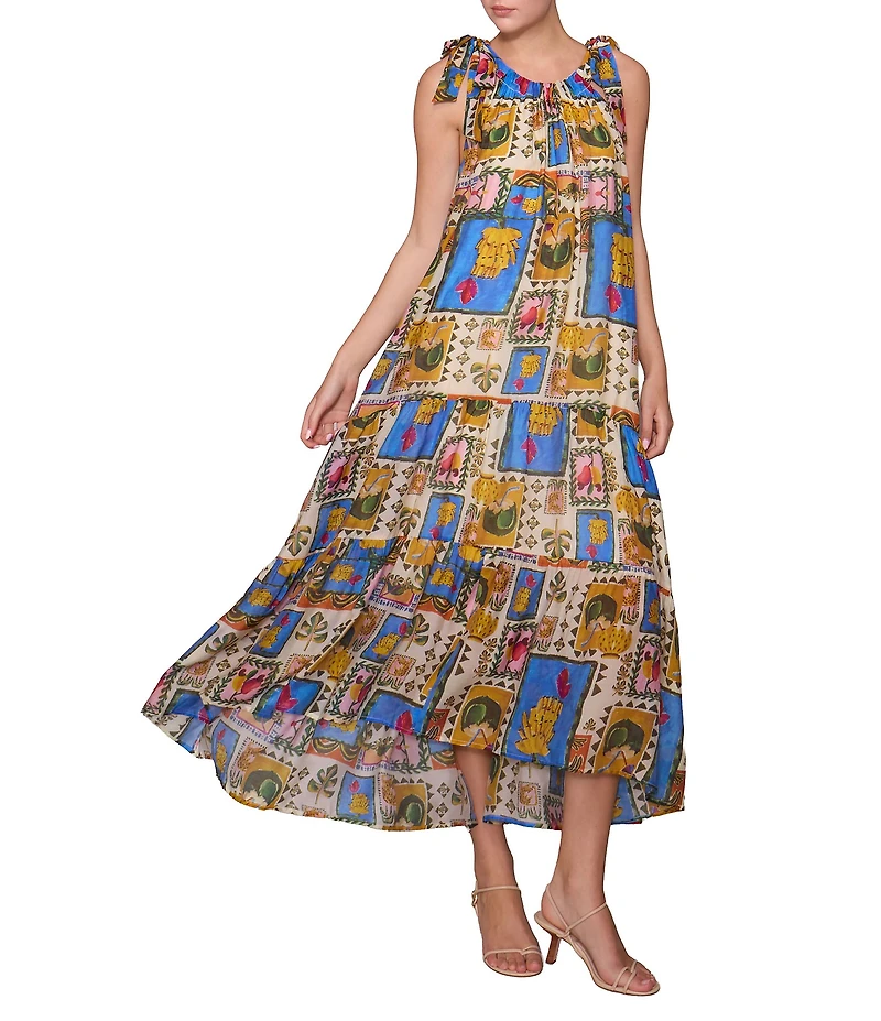 MELLODAY Tropcial Print Gathered Neck Tie Shoulder Maxi Dress