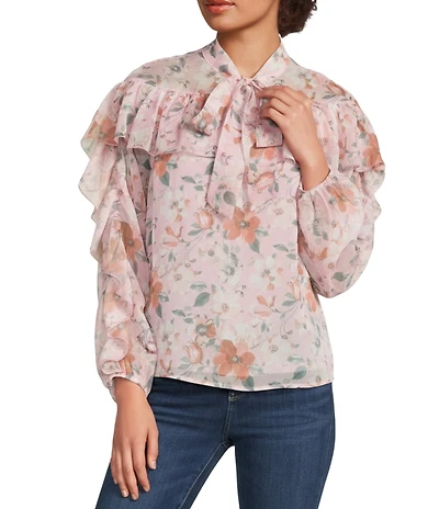MELLODAY Ruffle Floral Chiffon Tie Neck Long Sleeve Top