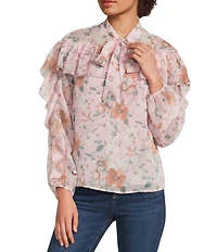 MELLODAY Ruffle Floral Chiffon Tie Neck Long Sleeve Top