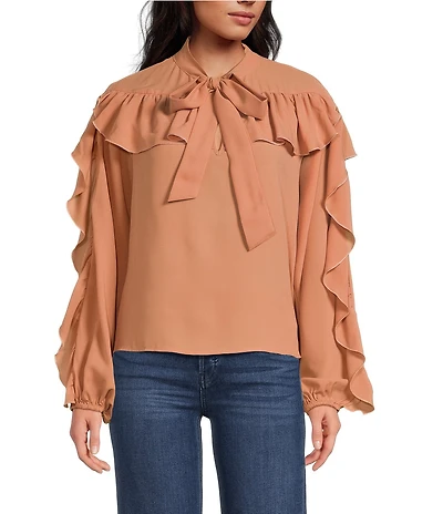 MELLODAY Ruffle Tie Mock Neck Long Sleeve Top