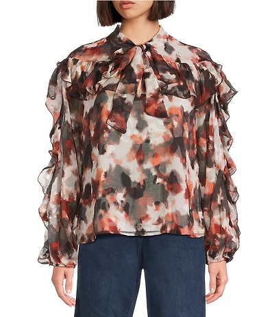 MELLODAY Ruffle Woven Jacquard Tie Neck Long Sleeve Blouse