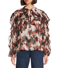 MELLODAY Ruffle Woven Jacquard Tie Neck Long Sleeve Blouse