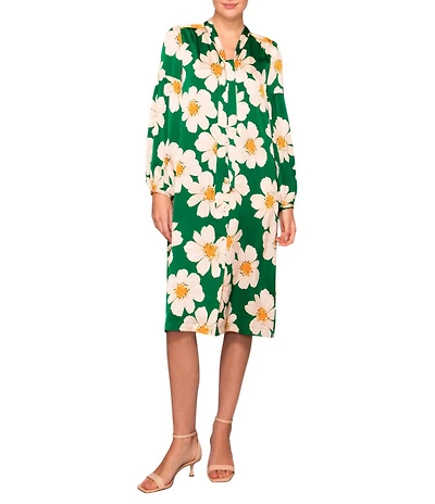 MELLODAY Satin Daisy Print Tie Neck Long Sleeve Button Front Midi Shirt Dress