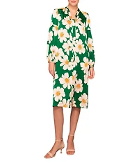 MELLODAY Satin Daisy Print Tie Neck Long Sleeve Button Front Midi Shirt Dress