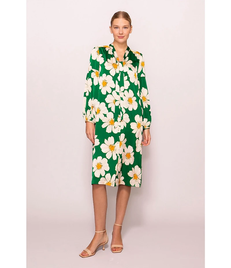 MELLODAY Satin Daisy Print Tie Neck Long Sleeve Button Front Midi Shirt Dress