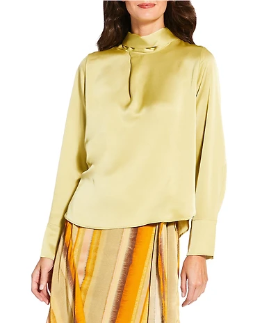 MELLODAY Satin Tie Mock Neck Long Sleeve Top