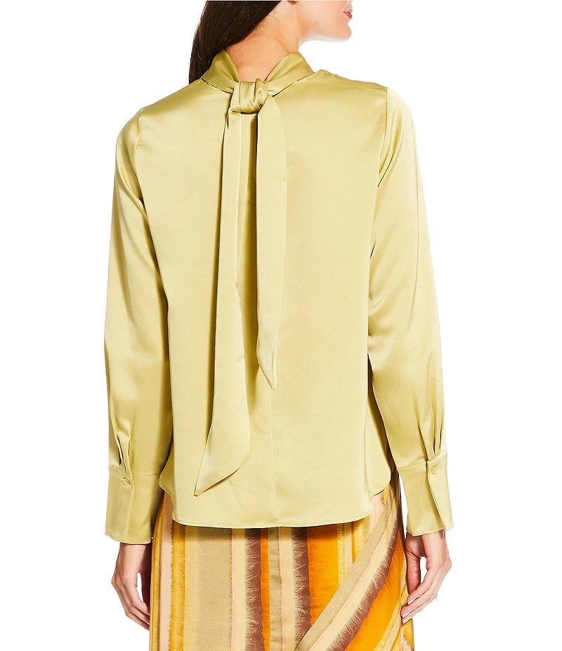 MELLODAY Satin Tie Mock Neck Long Sleeve Top
