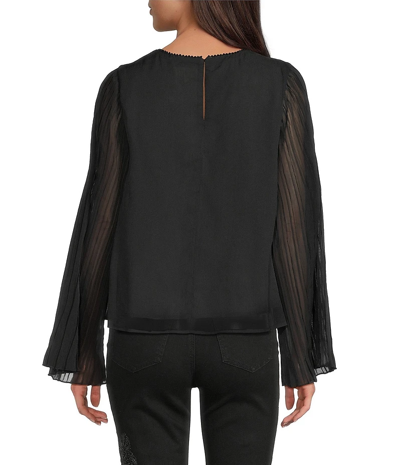 MELLODAY Scalloped Neck Detail Long Sheer Bell Sleeve Pleated Blouse