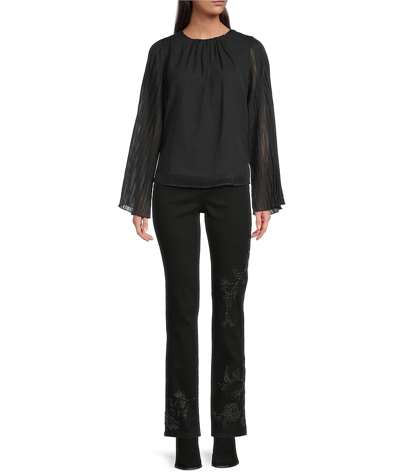 MELLODAY Scalloped Neck Detail Long Sheer Bell Sleeve Pleated Blouse