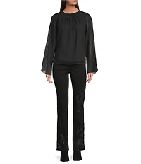 MELLODAY Scalloped Neck Detail Long Sheer Bell Sleeve Pleated Blouse