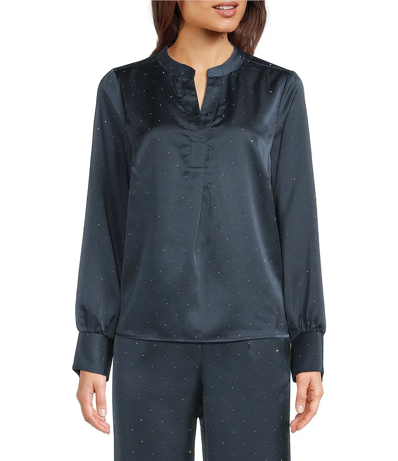 MELLODAY Sequin Bling Satin Split V-Neck Long Sleeve Blouse