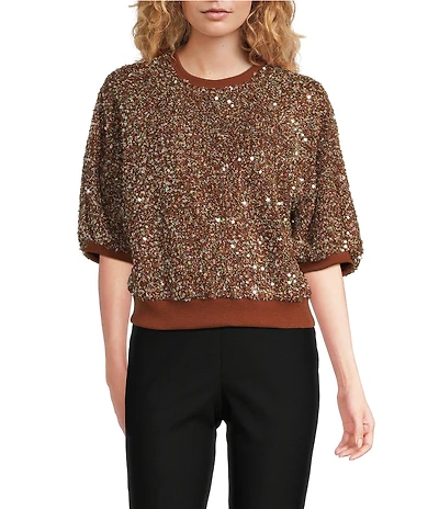 MELLODAY Sequin Crew Neck Short Puff Sleeve Top