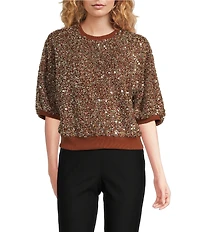 MELLODAY Sequin Crew Neck Short Puff Sleeve Top