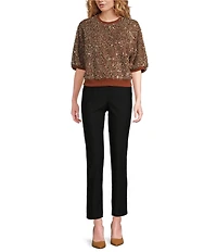 MELLODAY Sequin Crew Neck Short Puff Sleeve Top