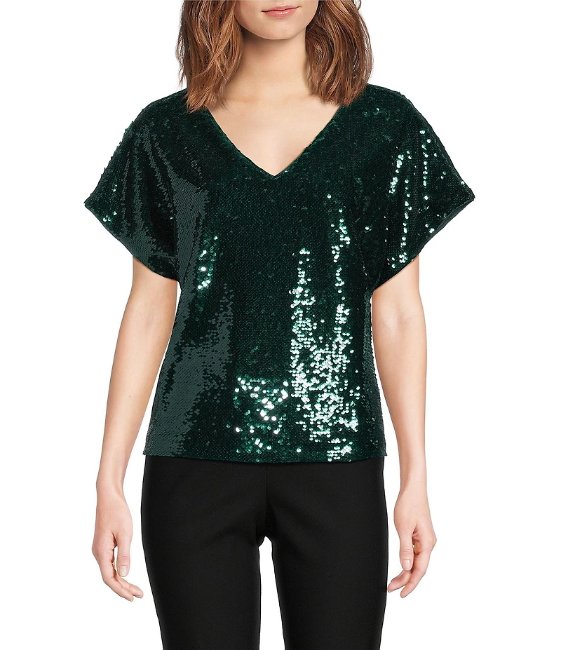MELLODAY Sequin V-Neck Short Dolman Sleeve Blouse