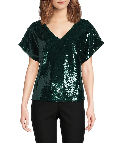 MELLODAY Sequin V-Neck Short Dolman Sleeve Blouse