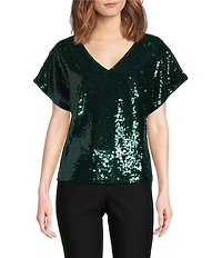 MELLODAY Sequin V-Neck Short Dolman Sleeve Blouse