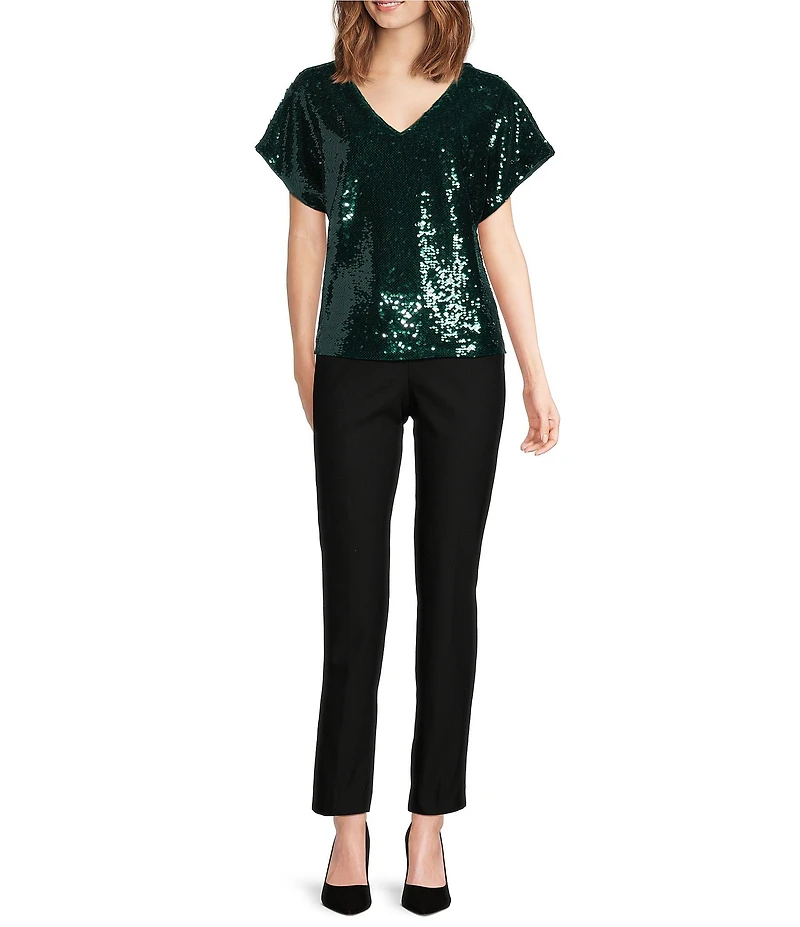 MELLODAY Sequin V-Neck Short Dolman Sleeve Blouse