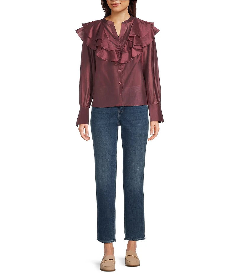 MELLODAY Tencel Organza Split Neck Long Sleeve Ruffle Button Front Blouse