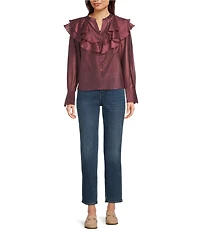 MELLODAY Tencel Organza Split Neck Long Sleeve Ruffle Button Front Blouse