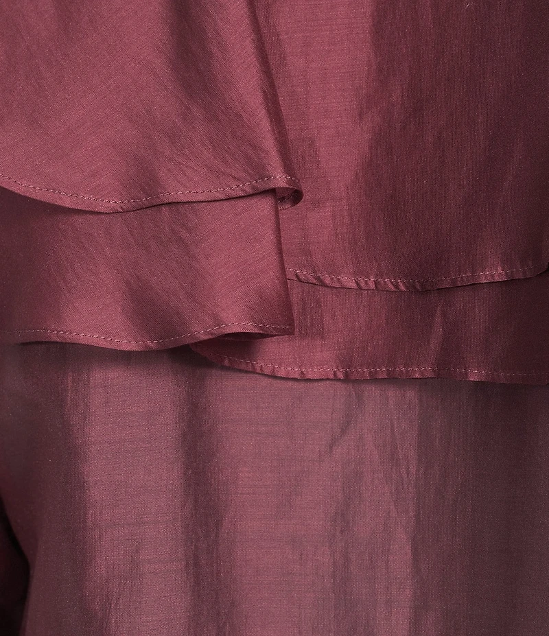 MELLODAY Tencel Organza Split Neck Long Sleeve Ruffle Button Front Blouse