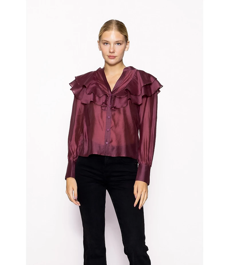 MELLODAY Tencel Organza Split Neck Long Sleeve Ruffle Button Front Blouse