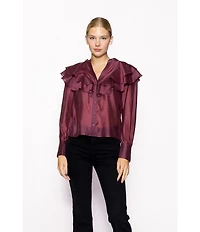 MELLODAY Tencel Organza Split Neck Long Sleeve Ruffle Button Front Blouse