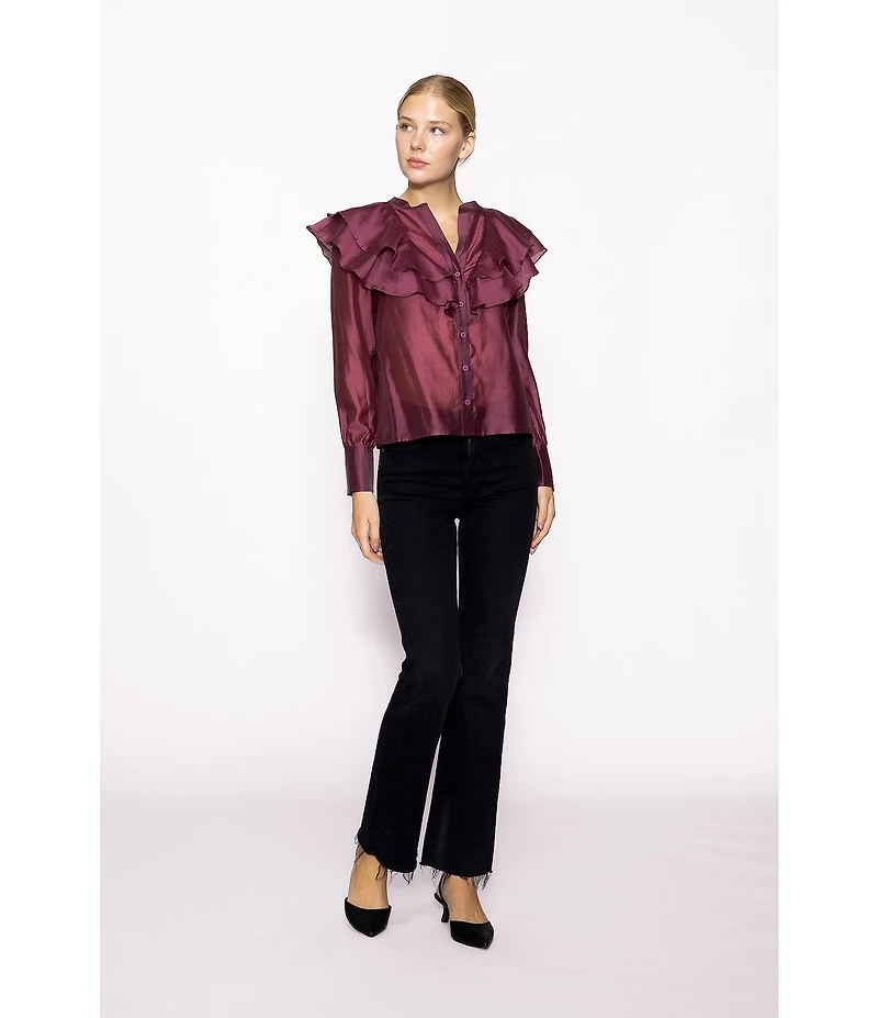 MELLODAY Tencel Organza Split Neck Long Sleeve Ruffle Button Front Blouse