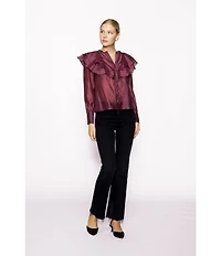 MELLODAY Tencel Organza Split Neck Long Sleeve Ruffle Button Front Blouse