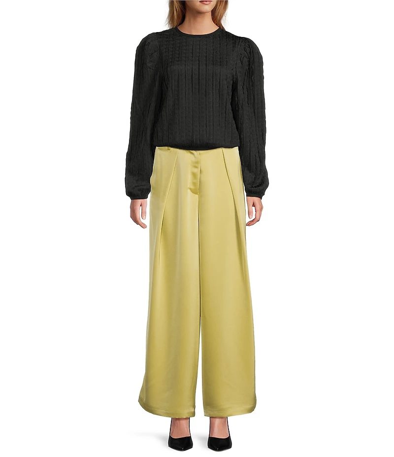 MELLODAY Textured Knit Crew Neck Long Puff Sleeve Bubble Top