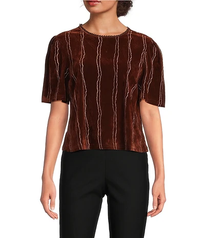 MELLODAY Velvet Stripe Applique Crew Neck Short Puff Sleeve Top