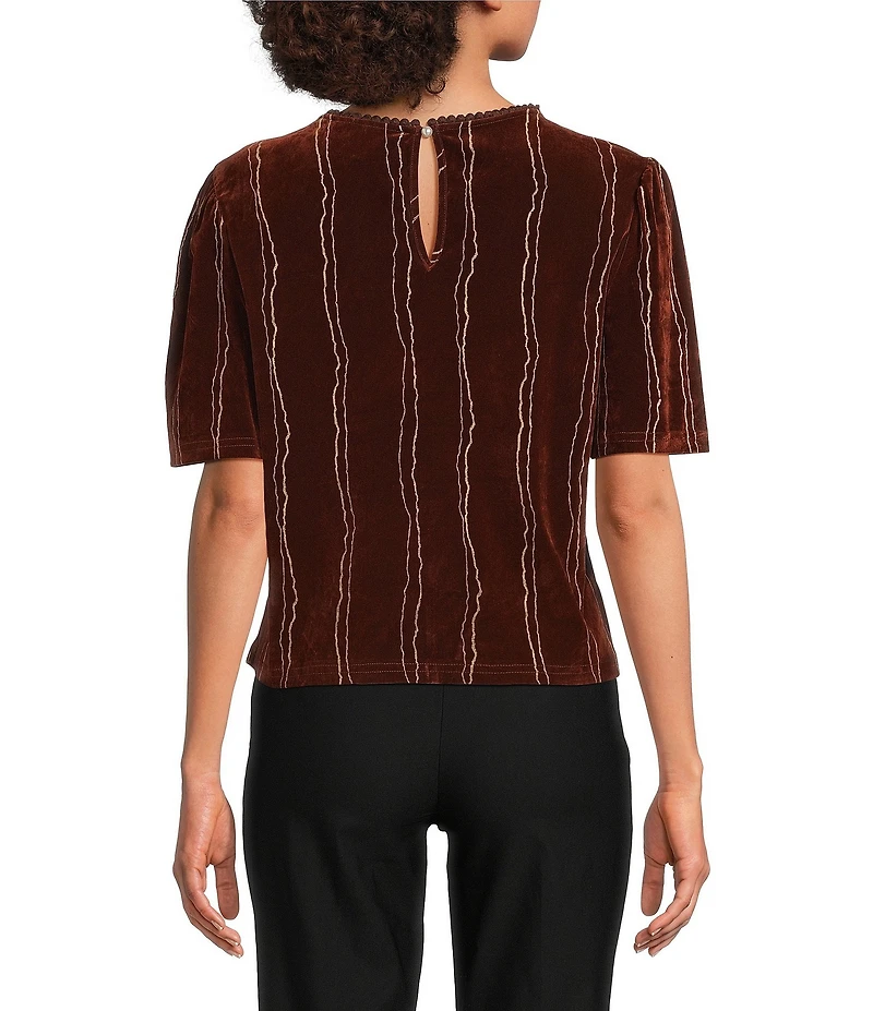 MELLODAY Velvet Stripe Applique Crew Neck Short Puff Sleeve Top