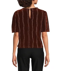MELLODAY Velvet Stripe Applique Crew Neck Short Puff Sleeve Top