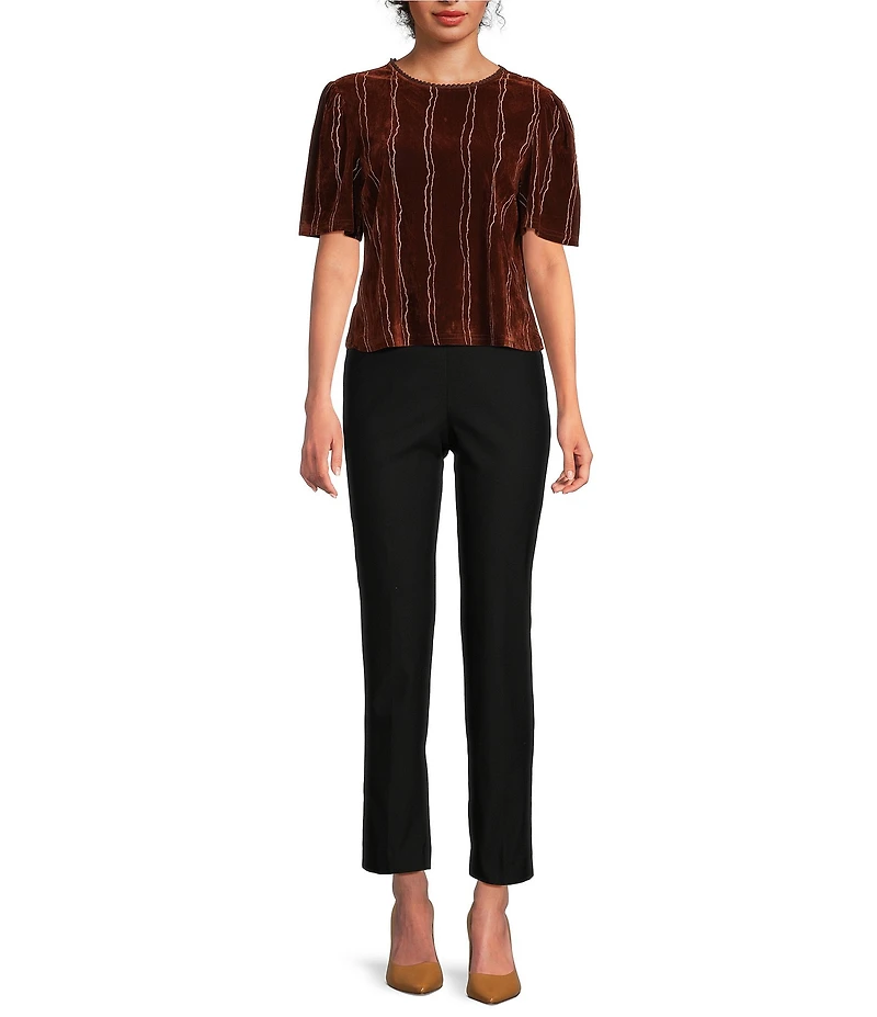 MELLODAY Velvet Stripe Applique Crew Neck Short Puff Sleeve Top