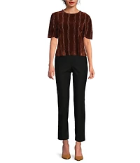 MELLODAY Velvet Stripe Applique Crew Neck Short Puff Sleeve Top