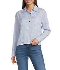 MELLODAY Yarn Dye Stripe Embroidered Eyelet Peter Pan Collar Long Sleeve Button Front Shirt