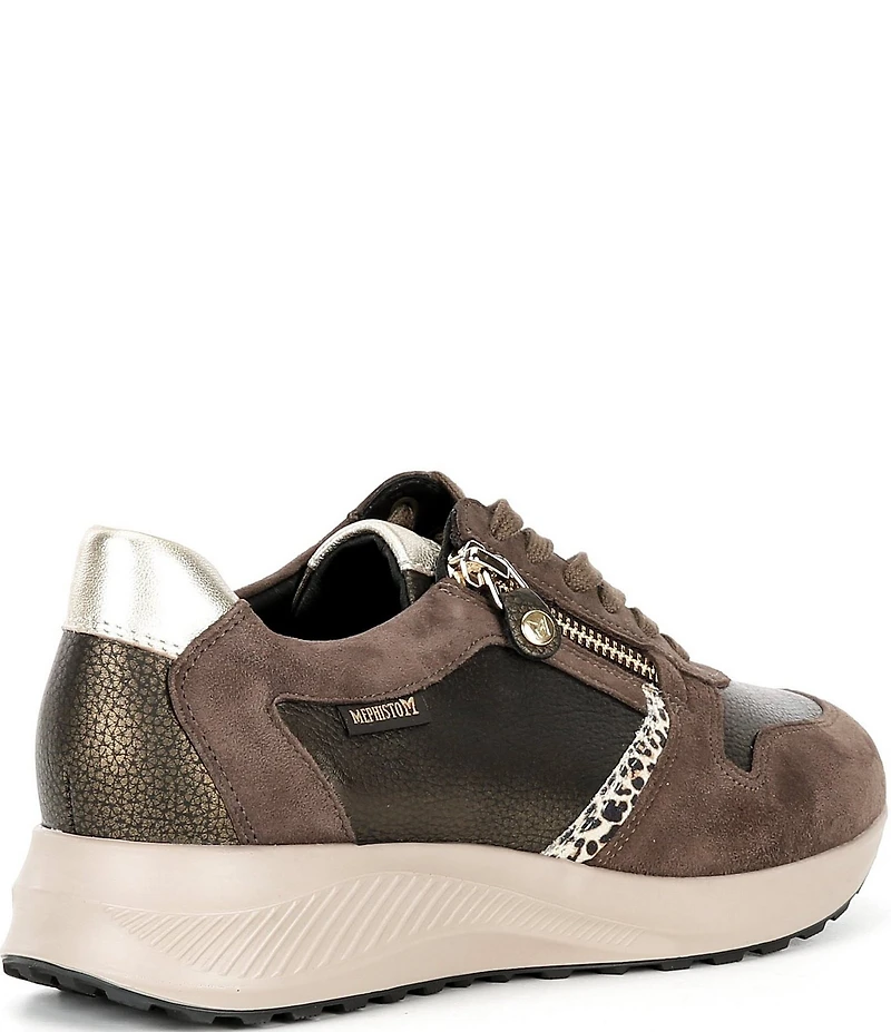 Mephisto Kim Suede and Leather Leopard Detail Zipper Sneakers