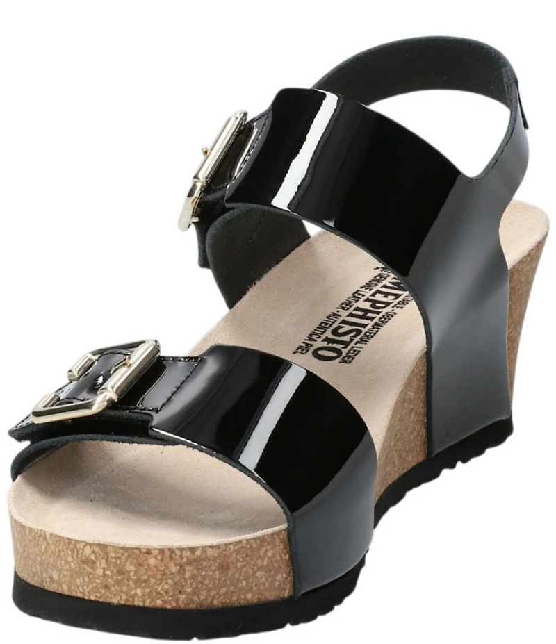 Mephisto Lissandra Patent Leather Buckle Hardware Hook-and-Loop Banded Slingback Wedges