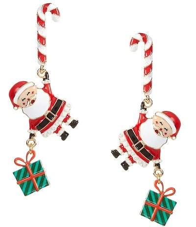 Merry & Bright Candy Cane Post Santa Holding Christmas Present Linear Earrings