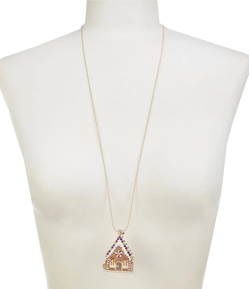 Merry & Bright Christmas Gingerbread House Locket Long Pendant Necklace