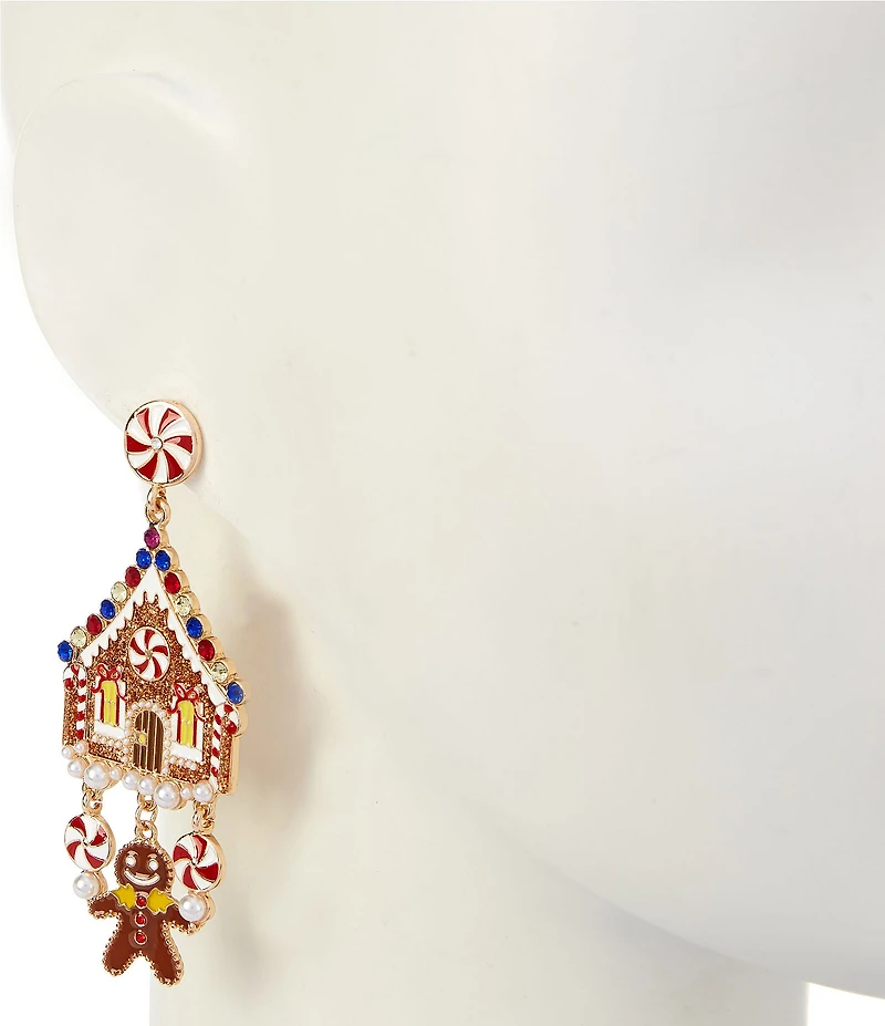 Merry & Bright Christmas Gingerbread House Statement Drop Earrings