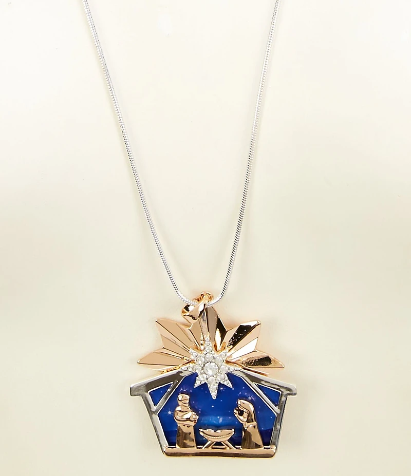Merry & Bright Christmas Nativity Scene Long Pendant Necklace