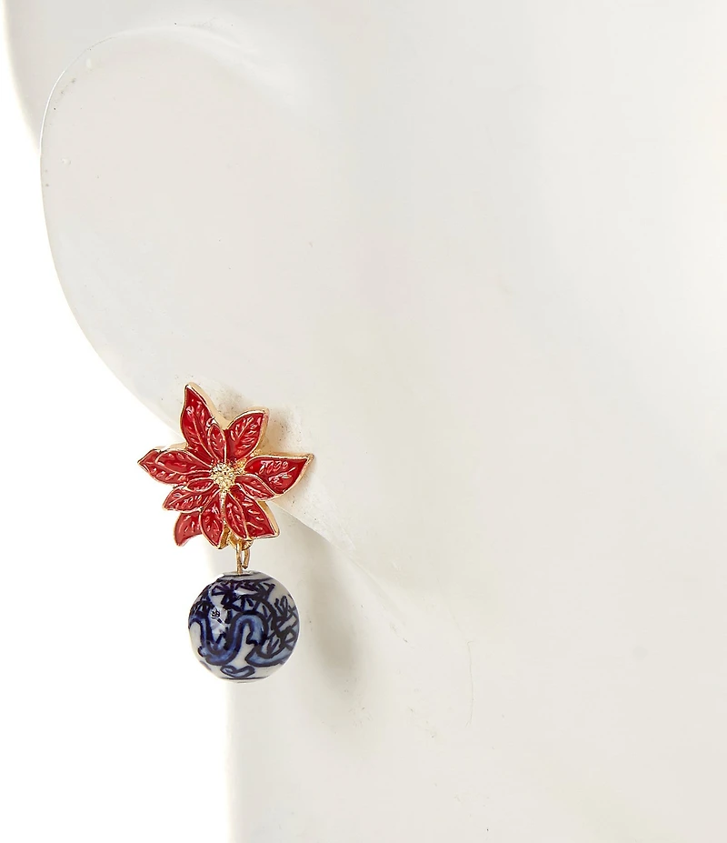 Merry & Bright Christmas Poinsettia Flower and Chinoiserie Ball Drop Earrings