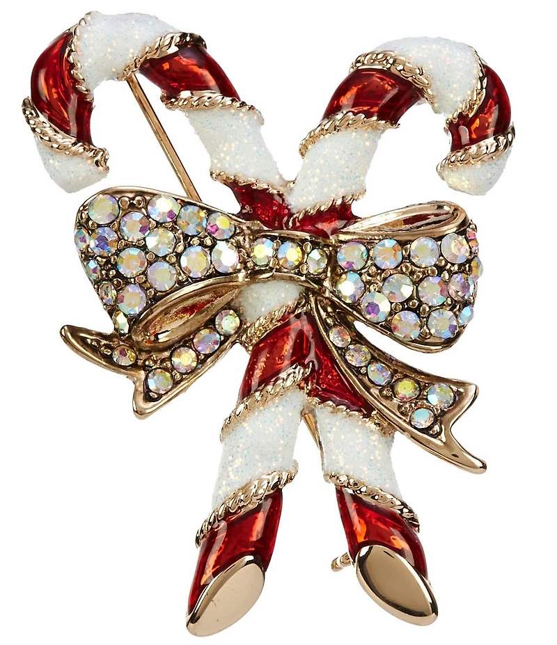 Merry & Bright Crystal AB Bow Christmas Candy Cane Pin
