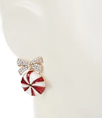 Merry & Bright Crystal Pave Bow Peppermint Candy Christmas Enamel Drop Earrings