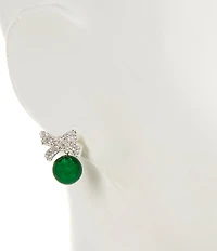 Merry & Bright Crystal Pave Christmas Bow Green Bead Drop Earrings