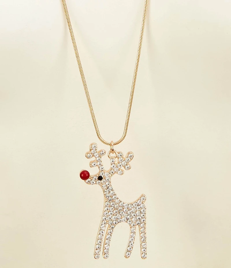 Merry & Bright Crystal Pave Christmas Rudolph Reindeer Long Pendant Necklace