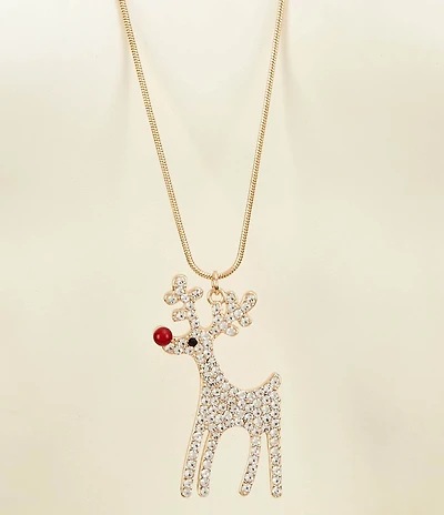 Merry & Bright Crystal Pave Christmas Rudolph Reindeer Long Pendant Necklace