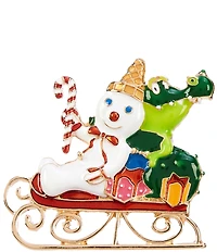 Merry & Bright Mr. Bingle & Gator On Sled Christmas Pin
